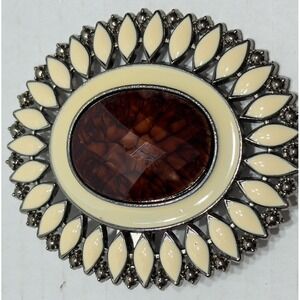 Vintage Large Metal Dress Clip Oval Faux Brown Amber White Enamel Statement